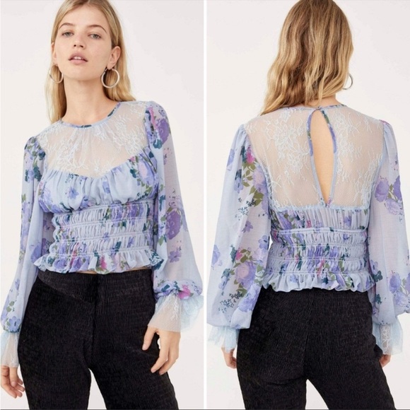 BOGO! NWT Free People Daphne Silver Blue Floral Lace Smocked Blouse M - Picture 1 of 10